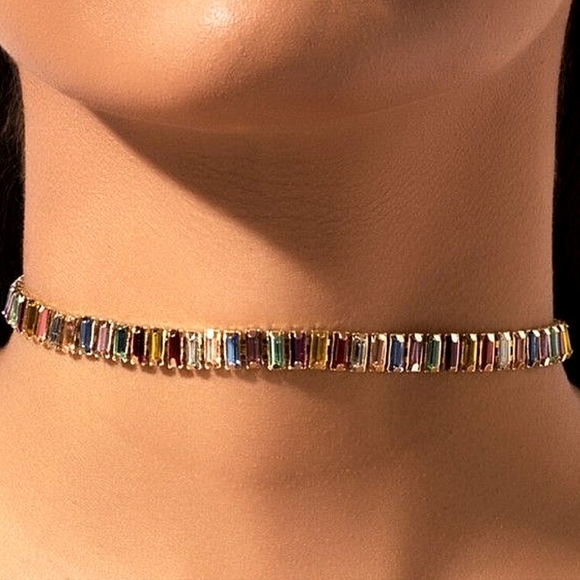 Gold Baguette Multicolor Rhinestone Choker Earrings Bracelet Matching Set 18k - Picture 6 of 13